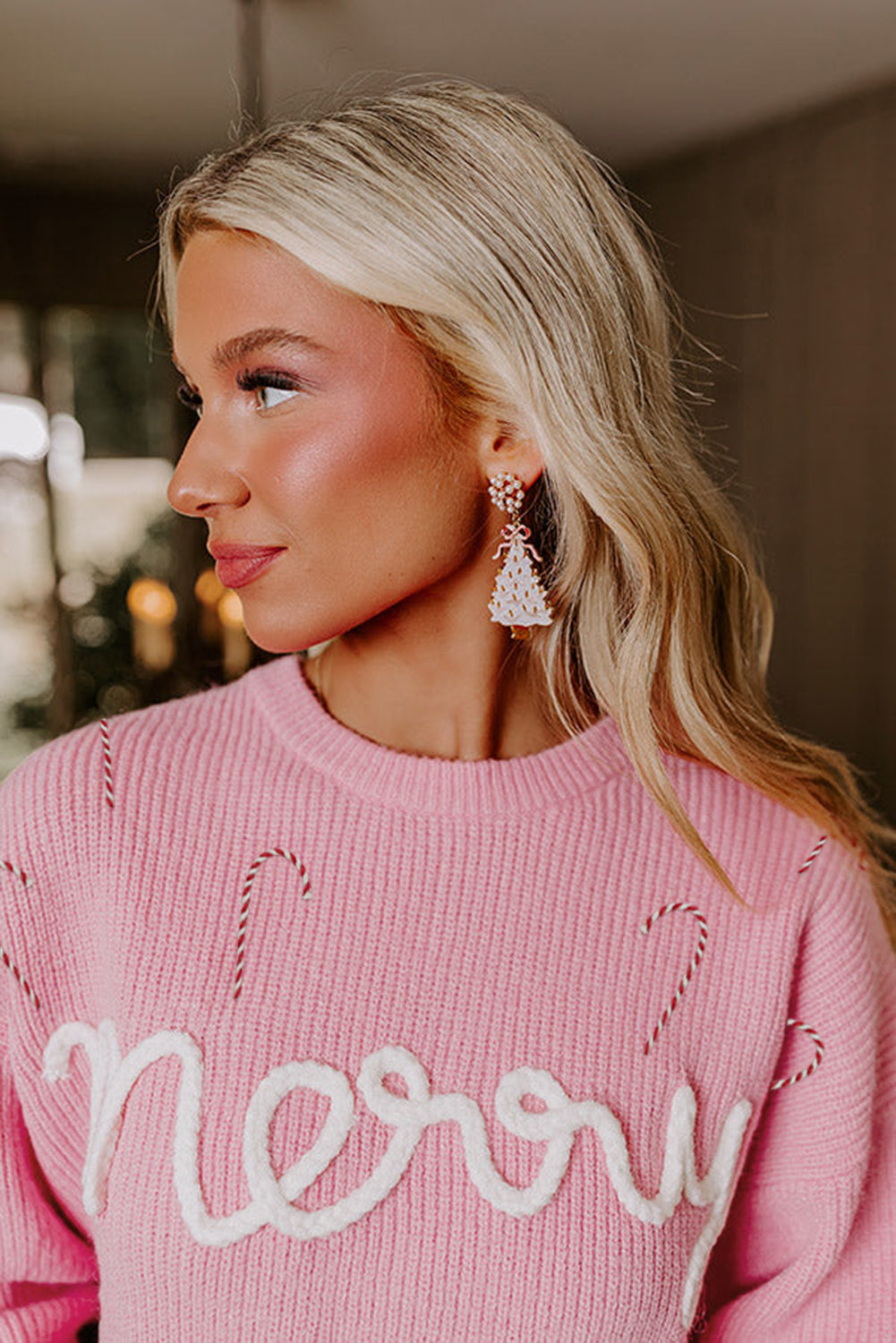 Pink Merry Candy Cane Puffy Knit Crew Neck Sweater Dear-Lover Dropshipping